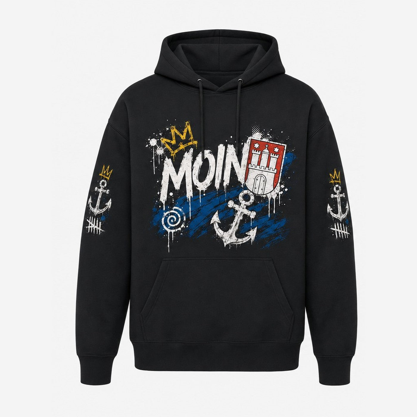 Speicherstadt Elphi Hoodie Schwarz, Vorderansicht mit MOIN-Print