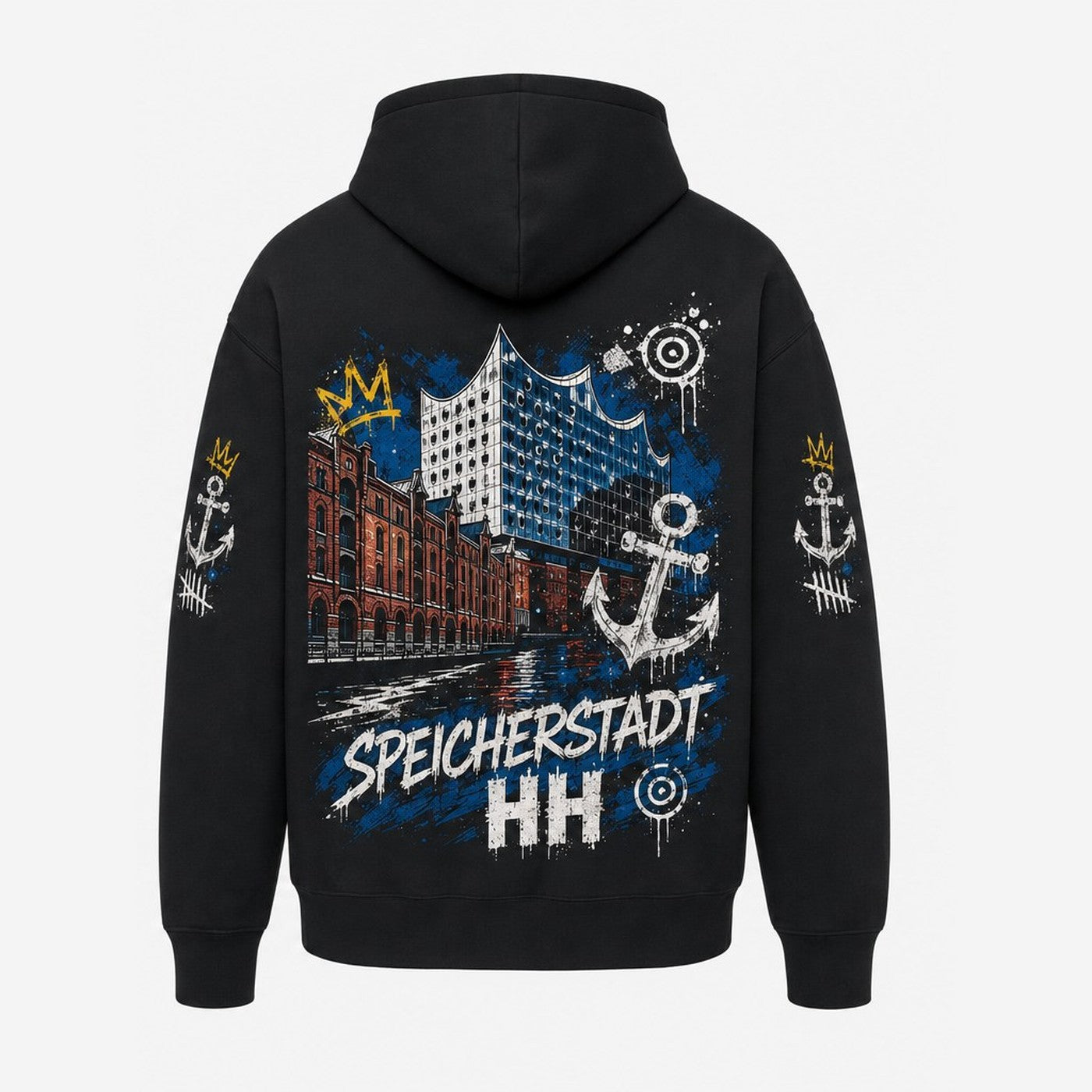 Speicherstadt Elphi Hoodie Schwarz, Rückansicht mit Elbphilharmonie