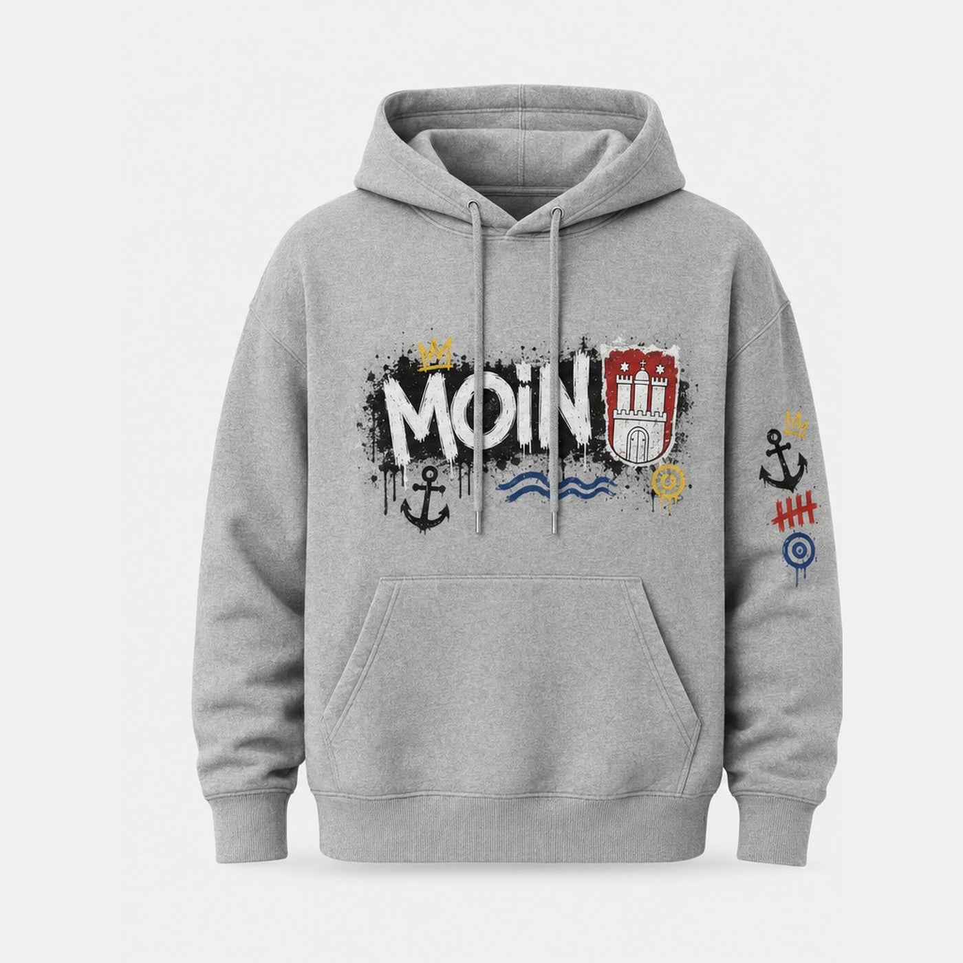 Alster Michel Hoodie Grau meliert, Vorderansicht mit MOIN-Print