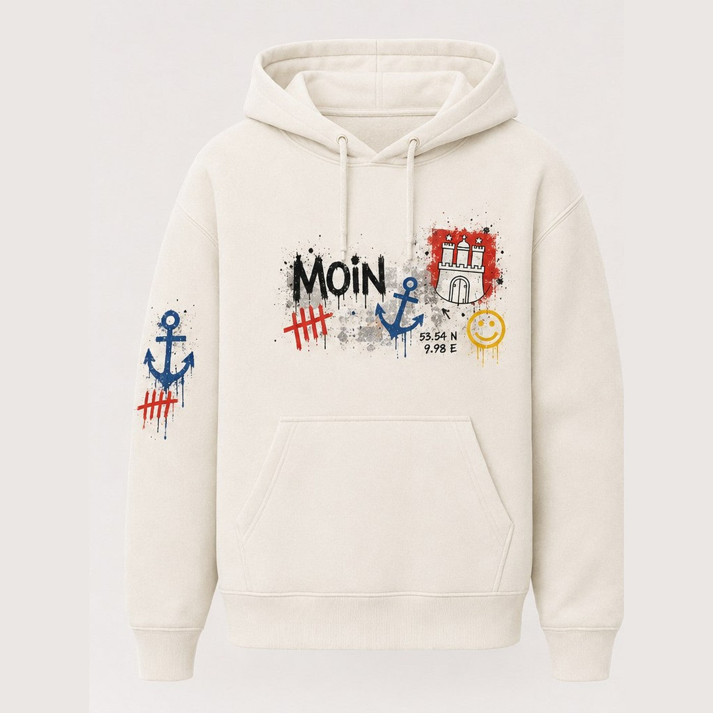 Köhlbrand Hafen Hoodie Natural, Vorderansicht mit MOIN-Print