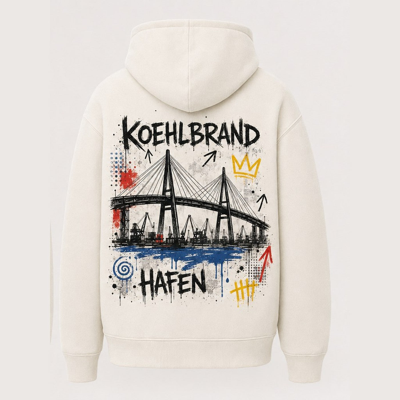 Köhlbrand Hafen Hoodie Natural, Rückansicht mit Köhlbrandbrücke