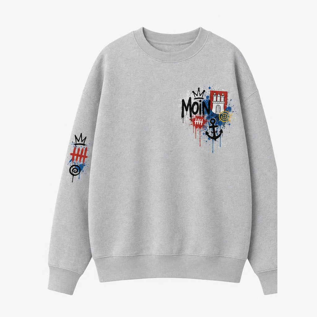 Rathaus Hanse Sweater Grau meliert, Vorderansicht mit Brustprint