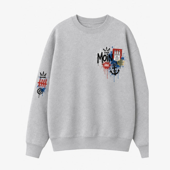 Rathaus Hanse Sweater Grau meliert, Vorderansicht mit Brustprint