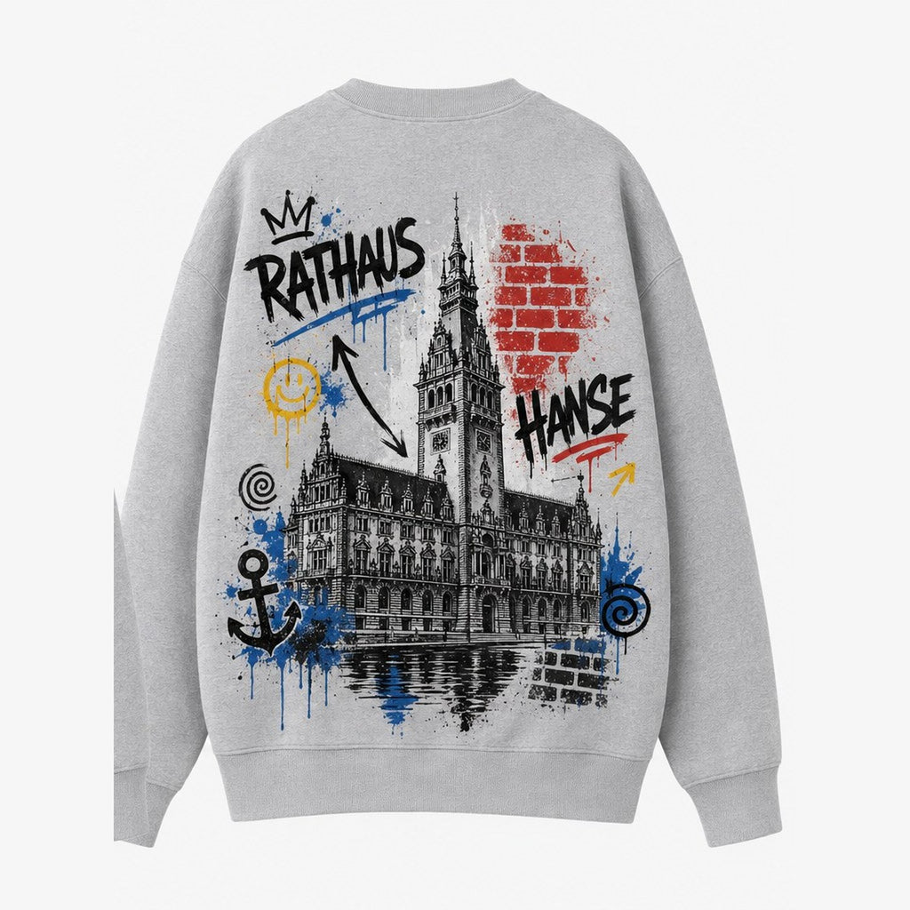 Rathaus Hanse Sweater Grau meliert, Rückansicht mit Hamburger Rathaus