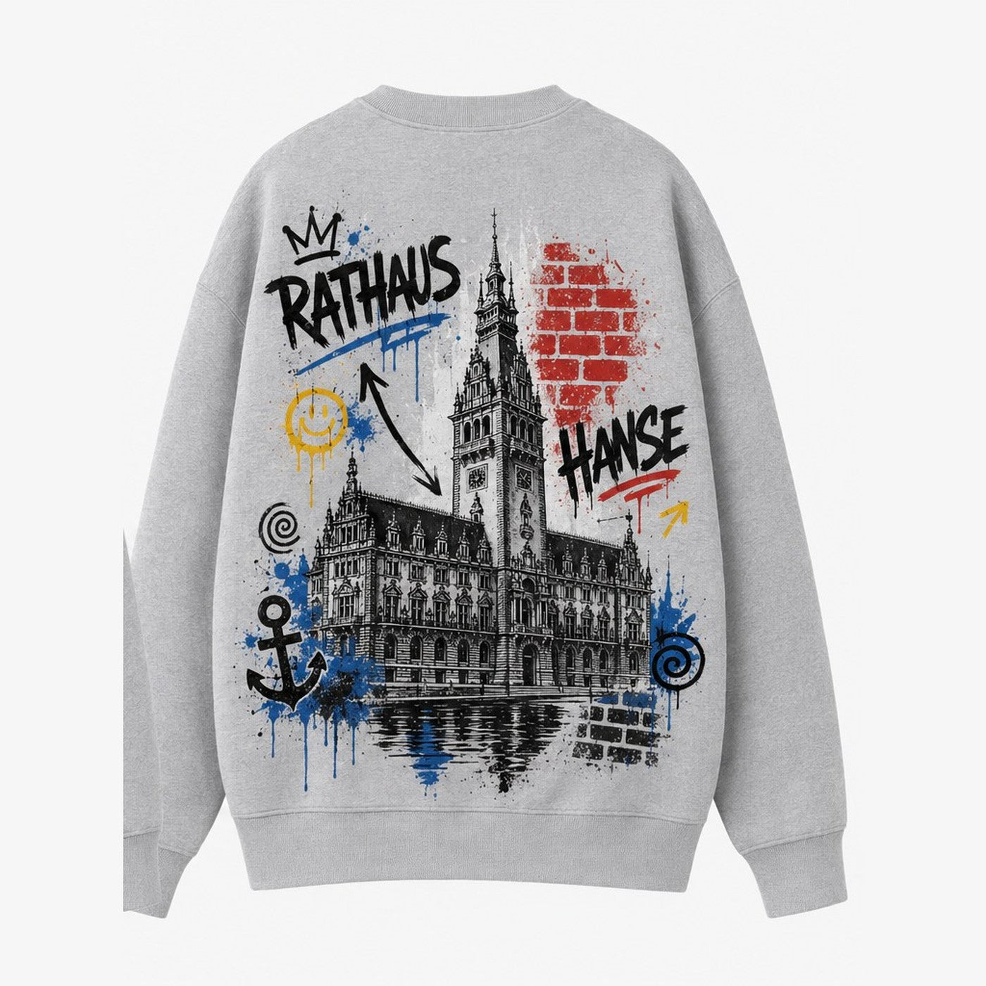 Rathaus Hanse Sweater Grau meliert, Rückansicht mit Hamburger Rathaus