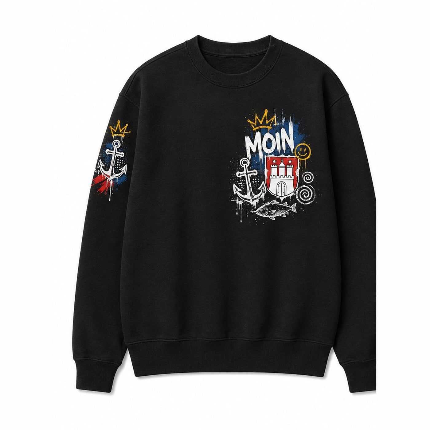 Fischmarkt Hafen Sweater Schwarz, Vorderansicht mit MOIN-Print