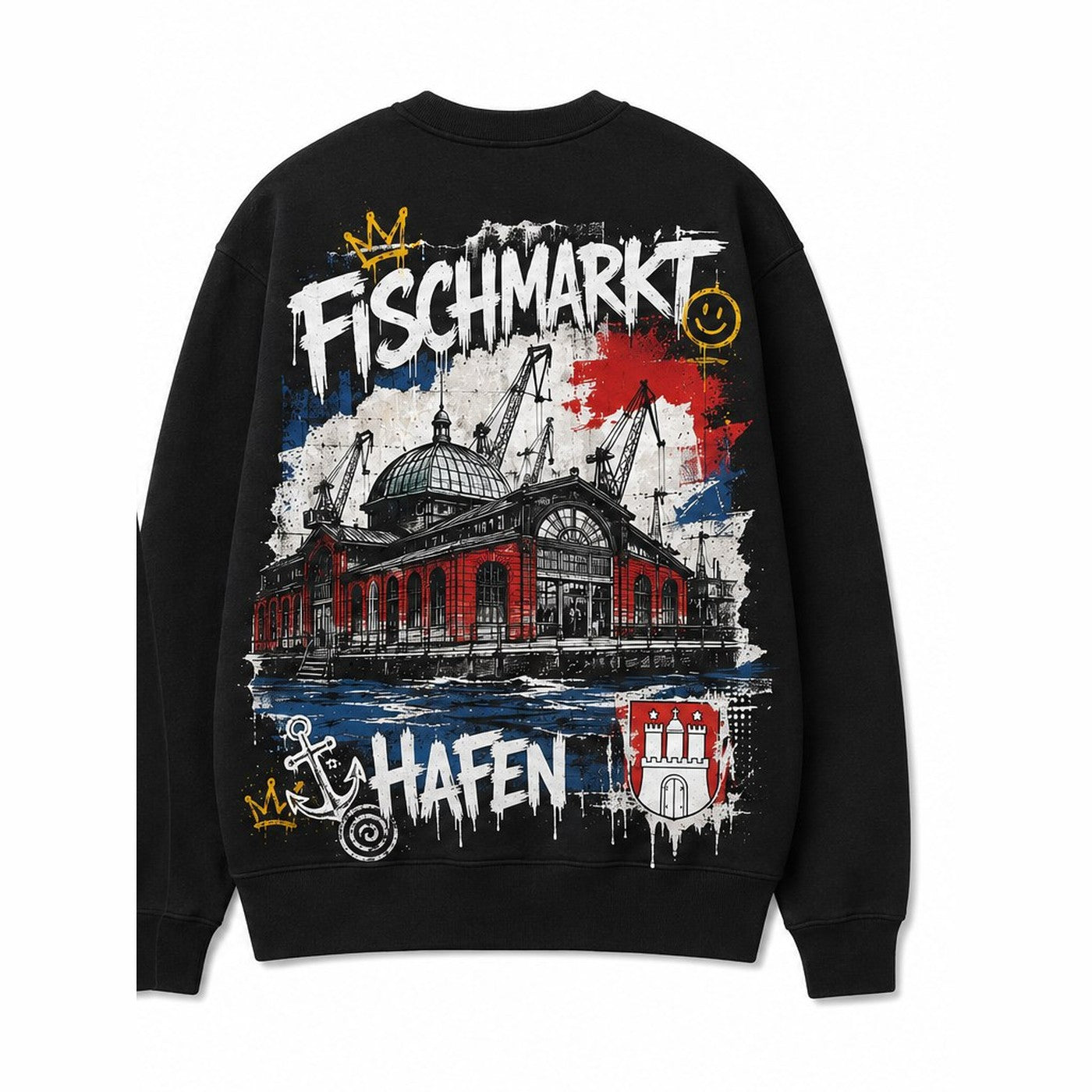 Fischmarkt Hafen Sweater Schwarz, Rückansicht mit Fischauktionshalle