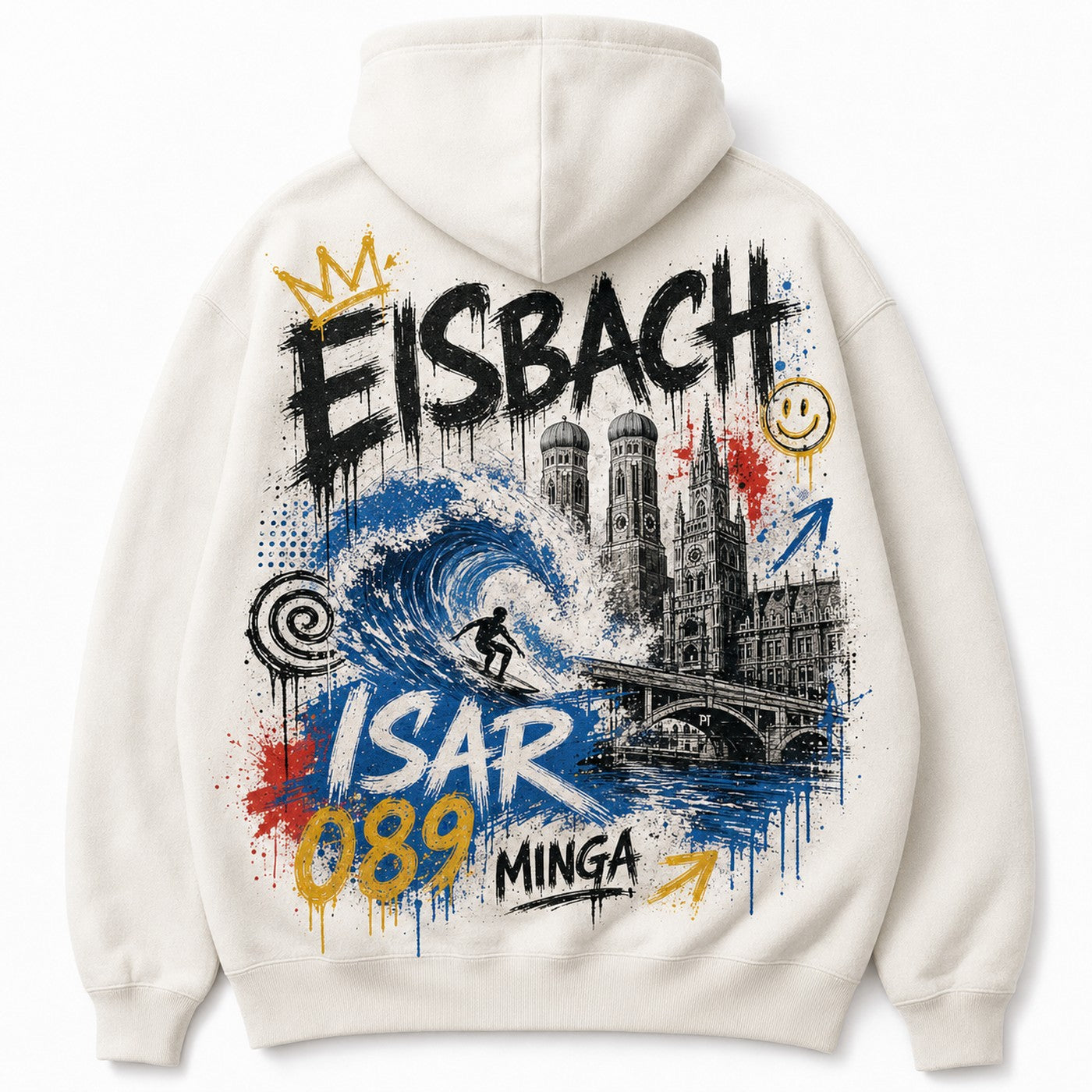 Eisbach Isar Oversized T-Shirt Natural, Rückansicht mit Eisbachwelle