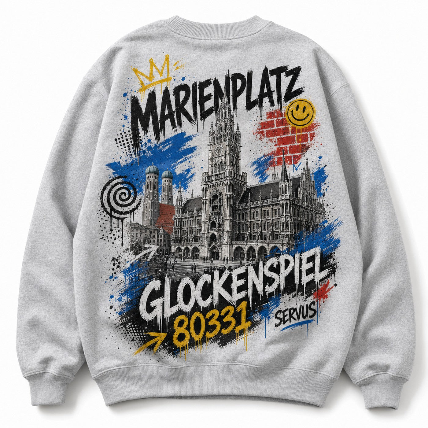 Marienplatz Glockenspiel Oversized T-Shirt Grau meliert, Rückansicht mit Neuem Rathaus