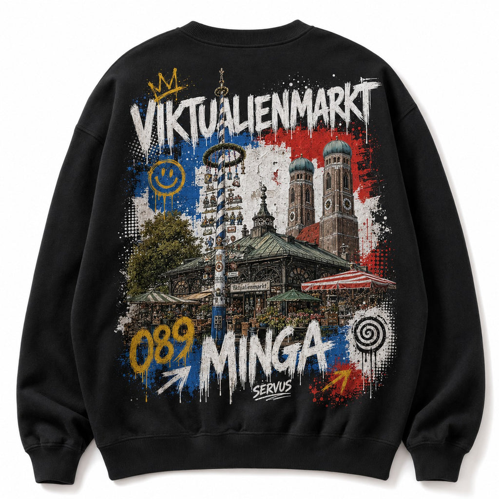 Viktualienmarkt Sweater Grau meliert, Rückansicht mit Marktständen