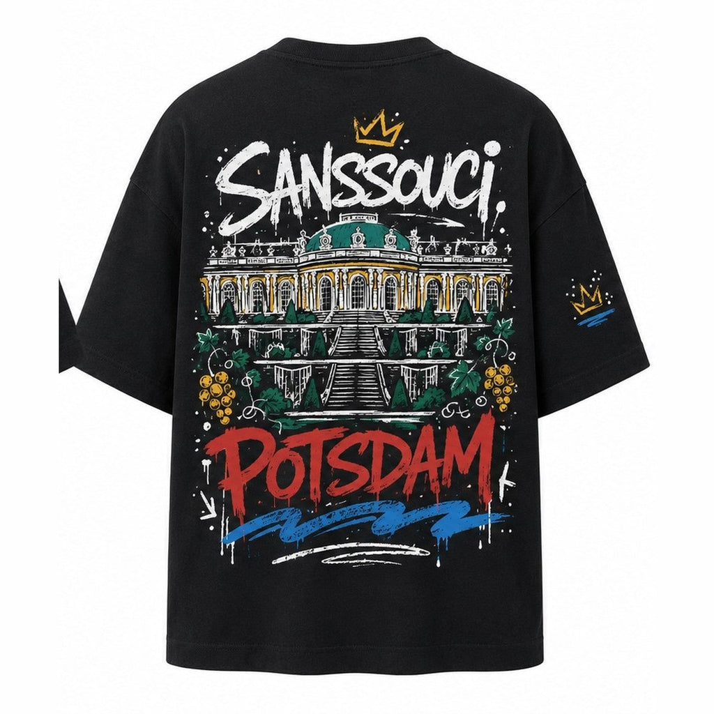 Sanssouci Oversized T-Shirt Schwarz, Rückansicht mit Schloss Sanssouci