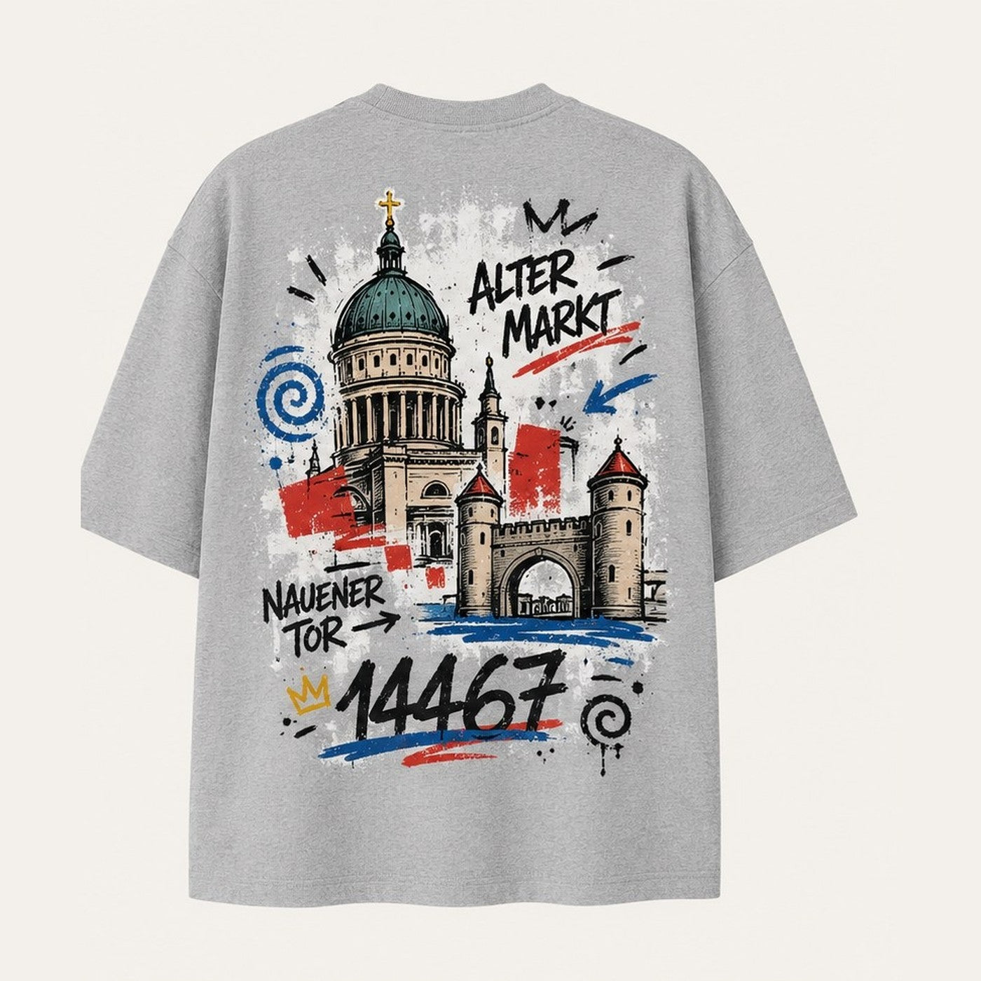 Alter Markt Oversized T-Shirt Grau meliert, Rückansicht mit Nikolaikirche