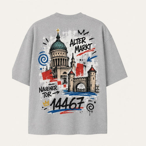 Alter Markt Oversized T-Shirt Grau meliert, Rückansicht mit Nikolaikirche