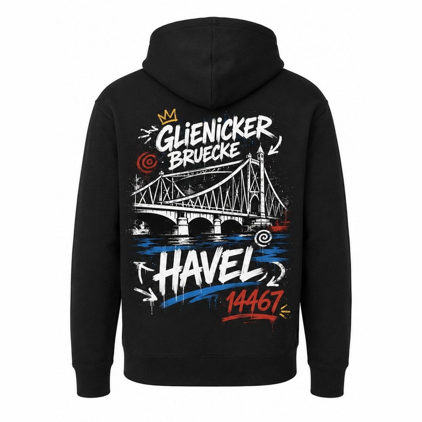 Glienicker Brücke Hoodie Schwarz, Rückansicht mit Brückenmotiv über der Havel