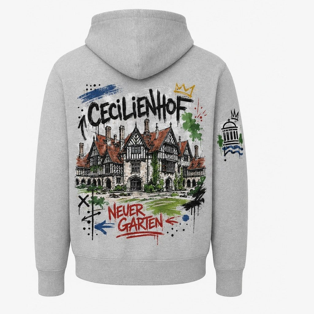 Cecilienhof Hoodie Grau meliert, Rückansicht mit Schloss Cecilienhof
