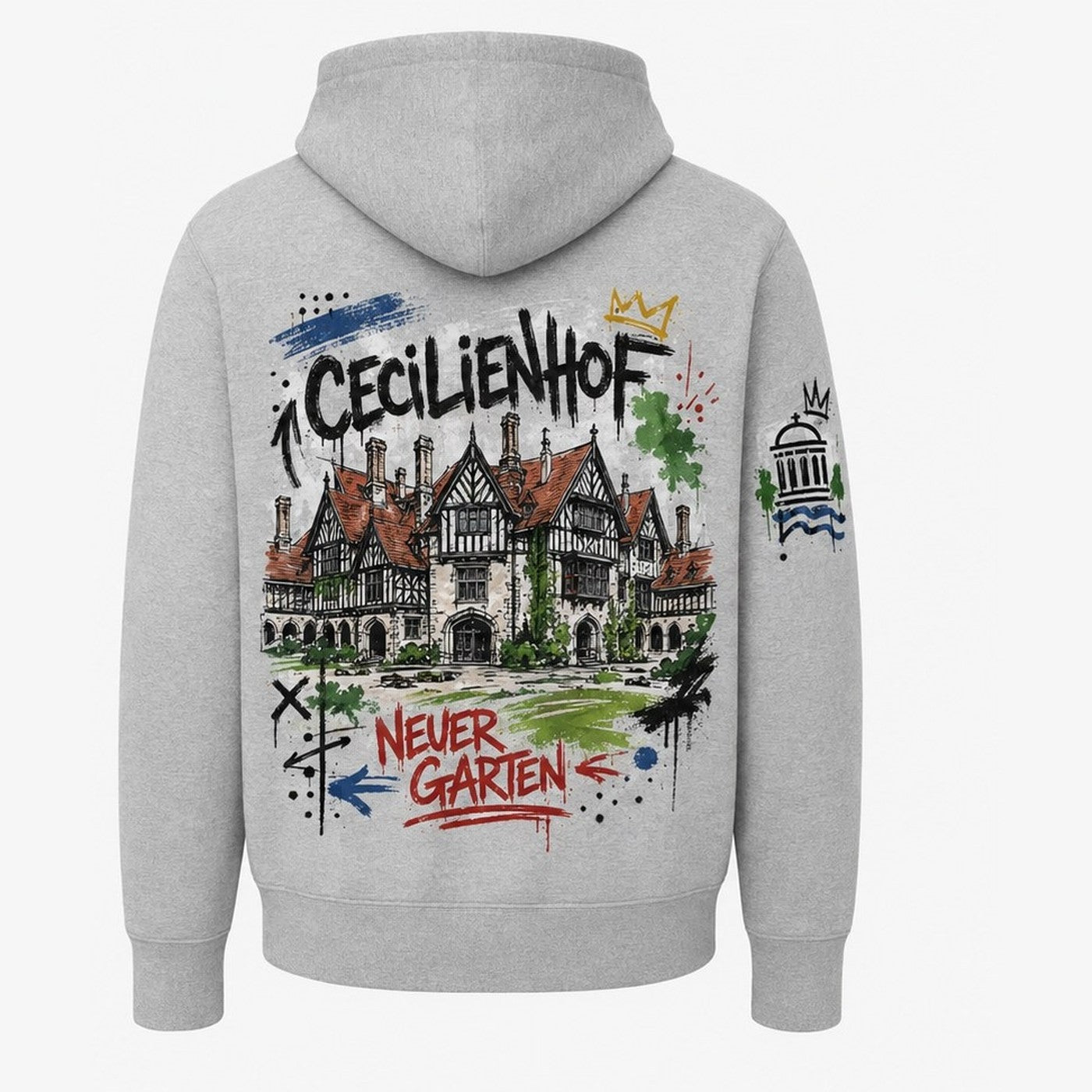 Cecilienhof Hoodie Grau meliert, Rückansicht mit Schloss Cecilienhof