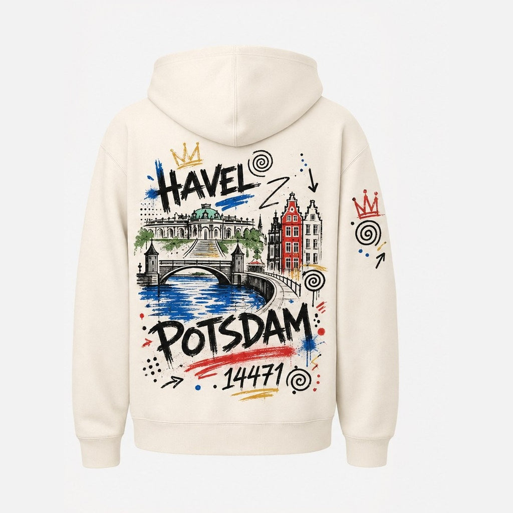 Havel Potsdam Hoodie Natural, Rückansicht mit Havel und Stadtsilhouette