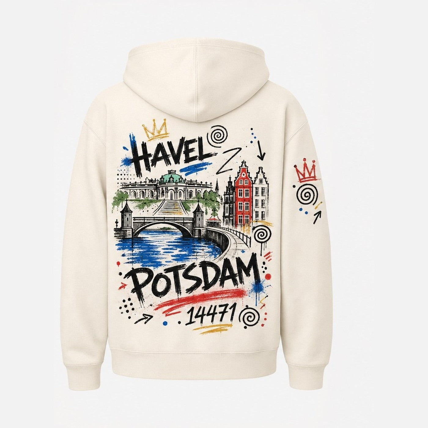Havel Potsdam Hoodie Natural, Rückansicht mit Havel und Stadtsilhouette