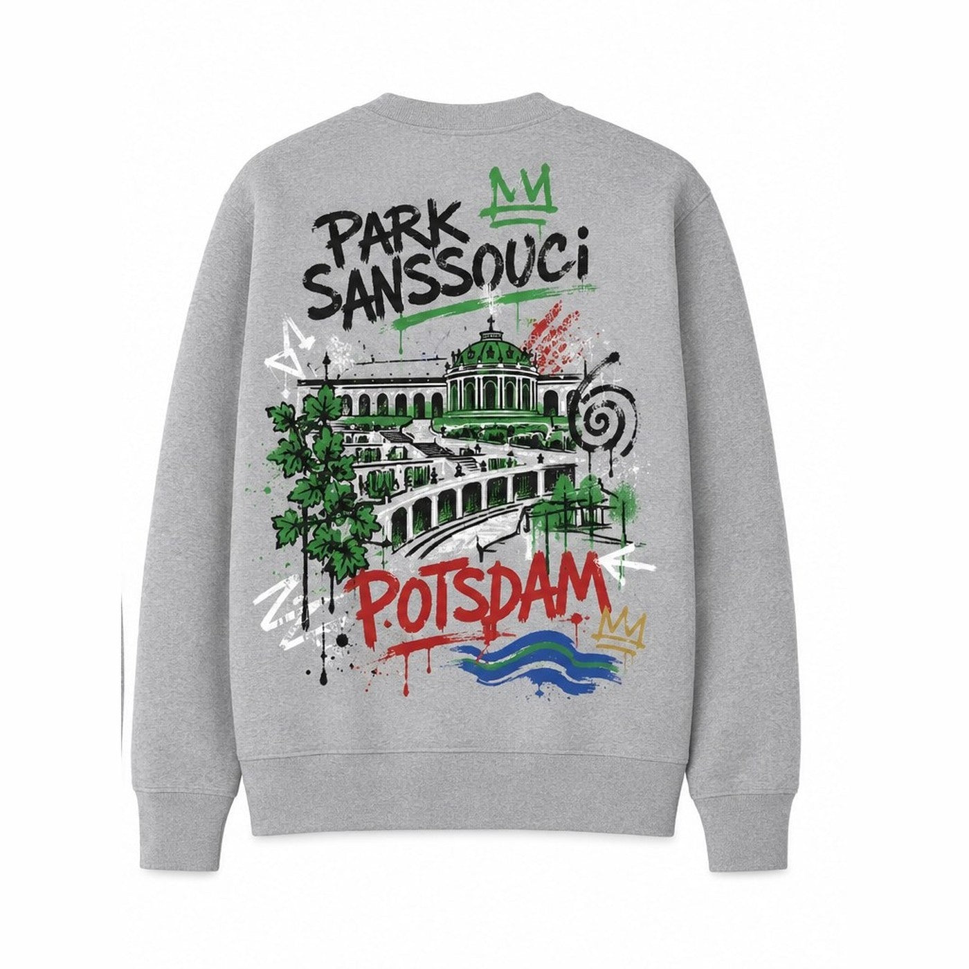 Park Sanssouci Sweater Grau meliert, Rückansicht mit Terrassen und Kolonnaden
