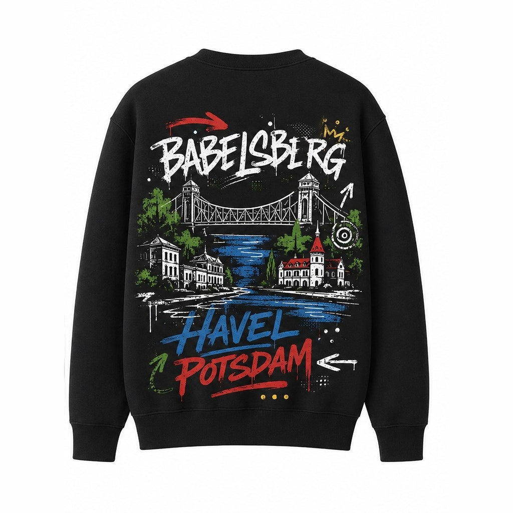 Babelsberg Havel Sweater Schwarz, Rückansicht mit Villenpark und Havel