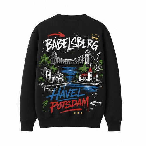 Babelsberg Havel Sweater Schwarz, Rückansicht mit Villenpark und Havel